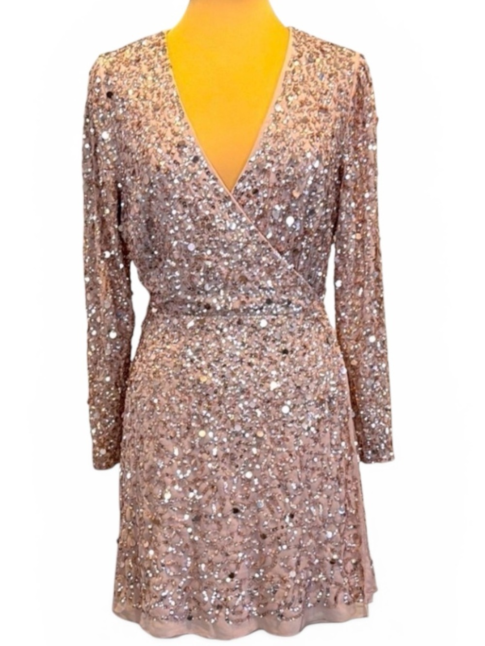 ASOS Maya Deluxe fully beaded sequin faux wrap, formal mini dress, frosted pink